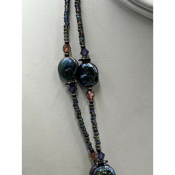 Artisan Sterling Double Strand beaded Iridescent Peacock Coin Pearl Necklace - Picture 3 of 8